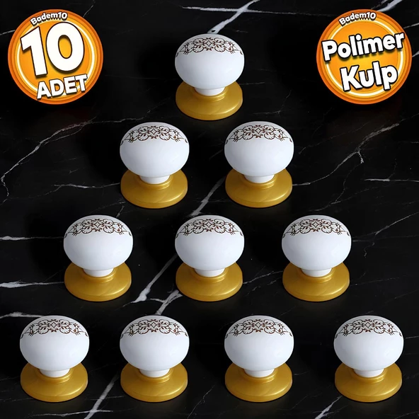 Polimer Kulp Düğme Desenli Beyaz Gold Tabla Dolap Mobilya Mutfak Dolabı Çekmece Kulpu Kulbu 10 ADET