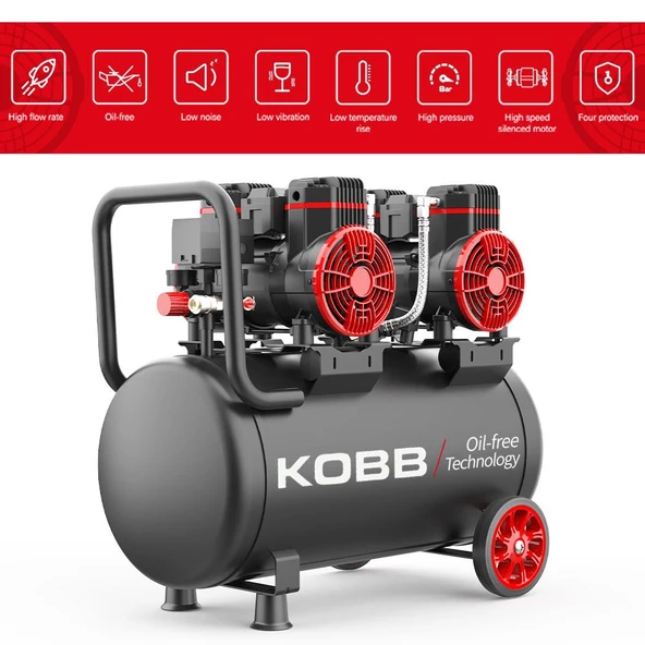 KOBB KBK50S2 4.0HP 50Lt 8Bar Çift Motorlu Yağsız Sessiz Taşınabilir Hava Kompresörü - 2