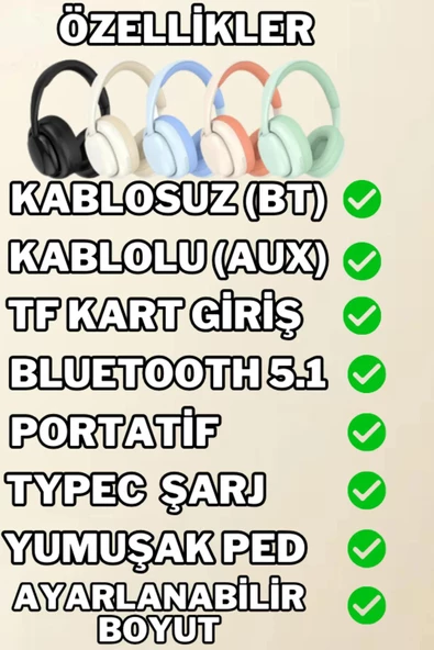 Kulak Üstü Extra Bass A+ Bluetooth 5.1 Kulaklık Tf Kart Aux 3.5mm Ayarlanabilir Boyut Hafif Yumuşak - 12