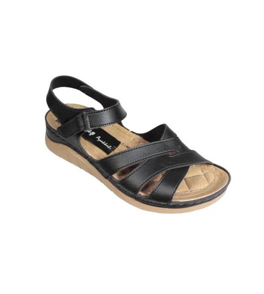 YAZKIŞ Kadın Siyah Vizon Önü Çift Çapraz Bantlı Bilği Çrtlı Rahat Comfort Taban Esnek Sandalet - Resim 4