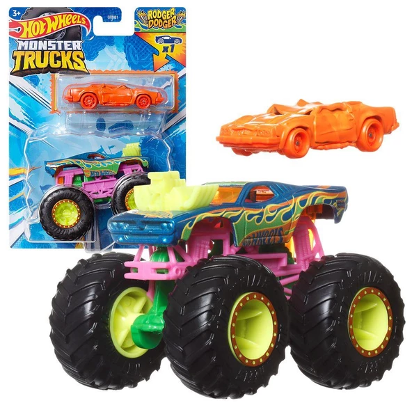 Hot Wheels Monster Trucks ve Araba Seti 1:64 Arabalar RODGER DODGER WREX GRH81-HWN37