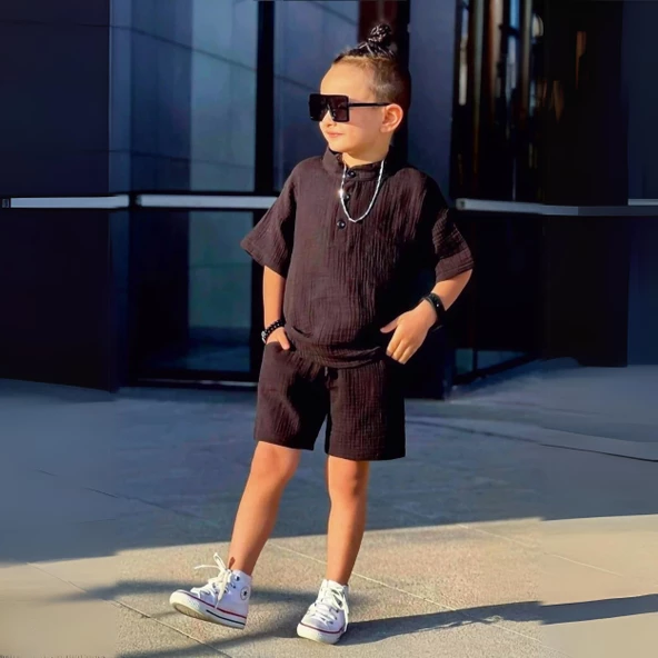 Triliya Erkek Çocuk Yazlık Tişört Kapri Takımı-Müslin Keten Organik Kumaş, 3-11 Yaş, Cepli, Lüks - 9