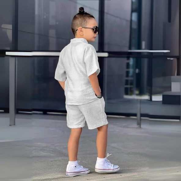 Triliya Erkek Çocuk Yazlık Tişört Kapri Takımı-Müslin Keten Organik Kumaş, 3-11 Yaş, Cepli, Lüks - 6