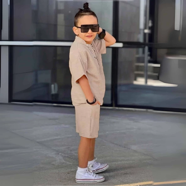 Triliya Erkek Çocuk Yazlık Tişört Kapri Takımı-Müslin Keten Organik Kumaş, 3-11 Yaş, Cepli, Lüks - 7