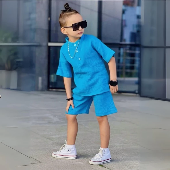 Triliya Erkek Çocuk Yazlık Tişört Kapri Takımı-Müslin Keten Organik Kumaş, 3-11 Yaş, Cepli, Lüks - 8