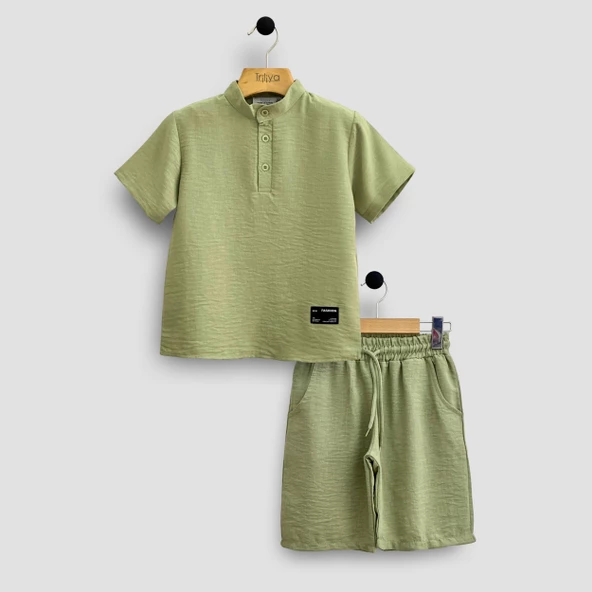 Triliya Erkek Çocuk Yazlık Tişört Kapri Takımı-Müslin Keten Organik Kumaş, 3-11 Yaş, Cepli, Lüks - 5