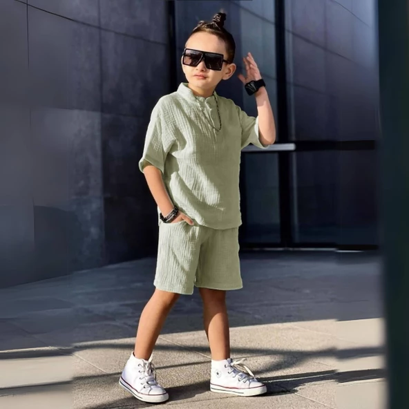 Triliya Erkek Çocuk Yazlık Tişört Kapri Takımı-Müslin Keten Organik Kumaş, 3-11 Yaş, Cepli, Lüks - 10