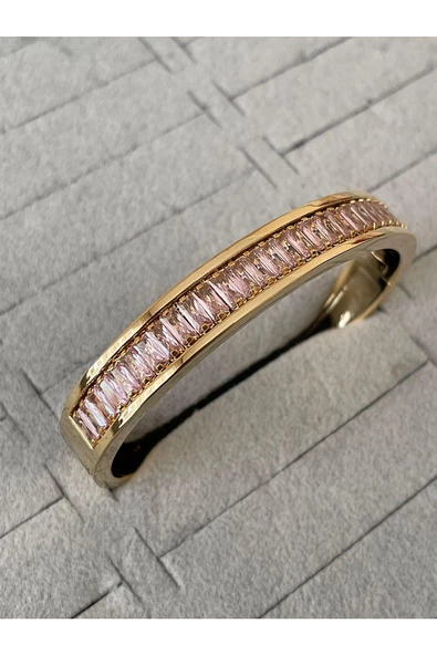 Kadın Çelik Gold Renk Pembe Baget Taşlı Suyolu Model Tasarım Kelepçe Bileklik