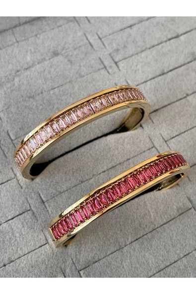 Kadın Çelik Gold Renk Pembe Baget Taşlı Suyolu Model Tasarım Kelepçe Bileklik - 2