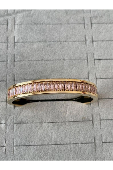 Kadın Çelik Gold Renk Pembe Baget Taşlı Suyolu Model Tasarım Kelepçe Bileklik - 3
