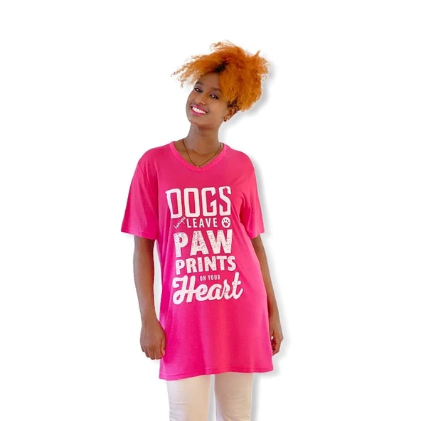 Hayvansever Tişört Dogs Leave Paw Prints in Your Heart Pembe - 2