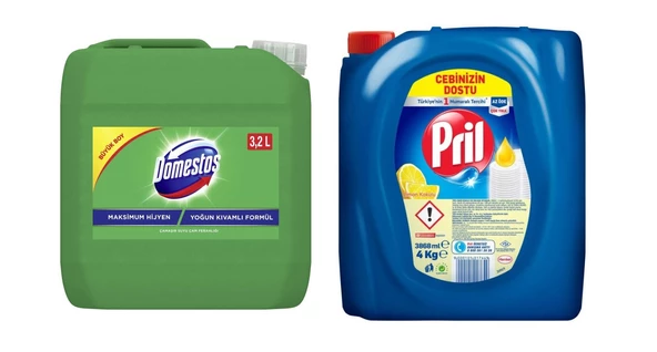 Pril Sıvı Bulaşık Deterjanı 4 KG + Domestos Çam Ferahlığı Çamaşır Suyu 3.2 L (2'li set)