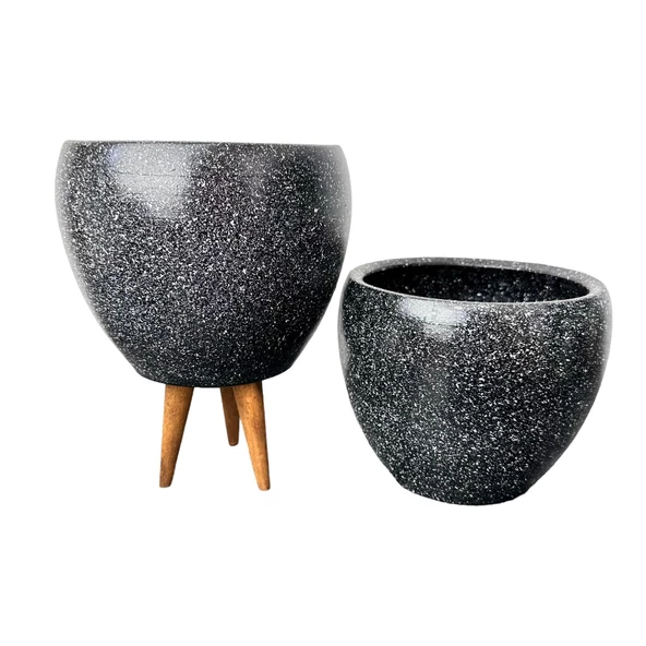 Bitki Tasarımı Siyah Granit Toprak Saksı Saksılık Salon Çiçeklik İkili Set Ayaksız - 3 Ayaklı- 15 CM - Resim 3