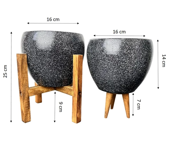 Bitki Tasarımı Siyah Granit Toprak Saksı Saksılık Salon Çiçeklik İkili Set 3 Ayaklı- 4 Ayaklı- 15 CM - Resim 2