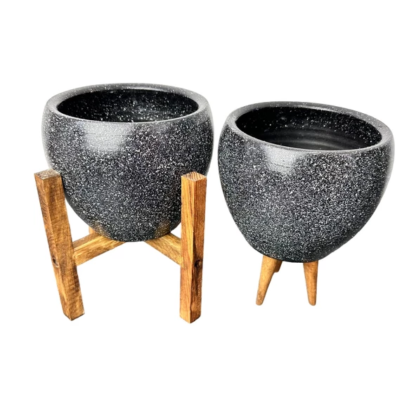 Bitki Tasarımı Siyah Granit Toprak Saksı Saksılık Salon Çiçeklik İkili Set 3 Ayaklı- 4 Ayaklı- 15 CM - Resim 3