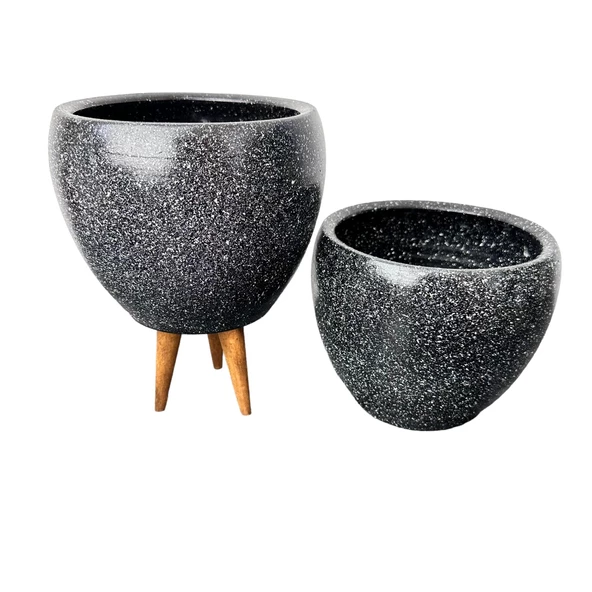Bitki Tasarımı Siyah Granit Toprak Saksı Saksılık Salon Çiçeklik İkili Set Ayaksız - 3 Ayaklı- 15 CM - Resim 4