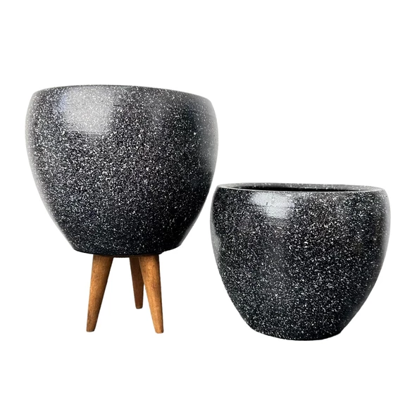 Bitki Tasarımı Siyah Granit Toprak Saksı Saksılık Salon Çiçeklik İkili Set Ayaksız - 3 Ayaklı- 15 CM - Resim 6