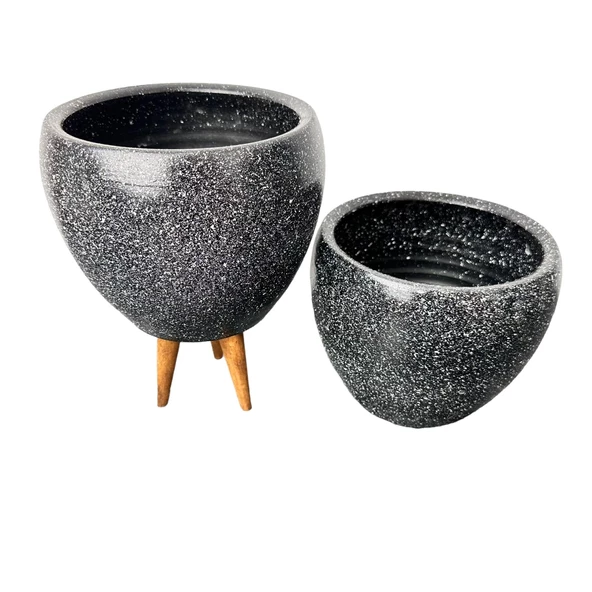 Bitki Tasarımı Siyah Granit Toprak Saksı Saksılık Salon Çiçeklik İkili Set Ayaksız - 3 Ayaklı- 15 CM - Resim 5