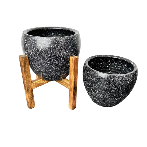 Bitki Tasarımı Siyah Granit Toprak Saksı Saksılık Salon Çiçeklik İkili Set Ayaksız - 4 Ayaklı- 15 CM - 5