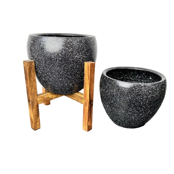 Bitki Tasarımı Siyah Granit Toprak Saksı Saksılık Salon Çiçeklik İkili Set Ayaksız - 4 Ayaklı- 15 CM - 4