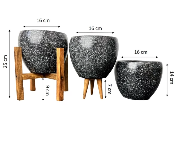 Bitki Tasarımı Siyah Granit Toprak Saksı Saksılık Salon Çiçeklik Üçlü Set - 15 CM - 2