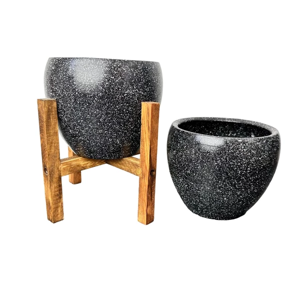 Bitki Tasarımı Siyah Granit Toprak Saksı Saksılık Salon Çiçeklik İkili Set Ayaksız - 4 Ayaklı- 15 CM - 3