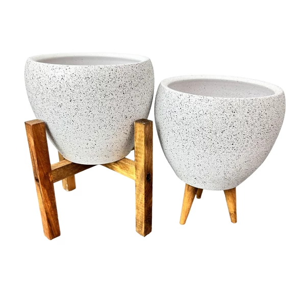 Bitki Tasarımı Beyaz Granit Toprak Saksı Saksılık Salon Çiçeklik İkili Set 3 Ayaklı- 4 Ayaklı- 15 CM - 5