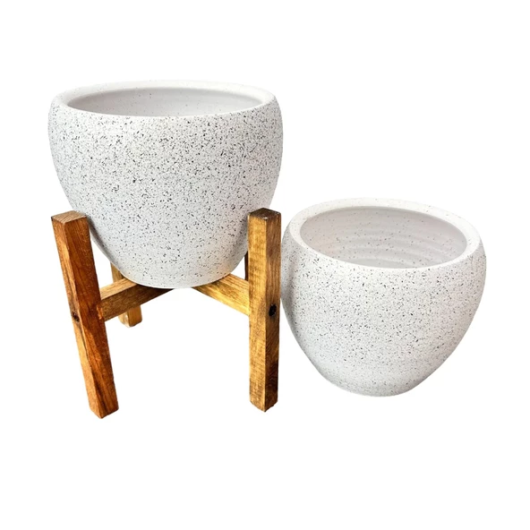 Bitki Tasarımı Beyaz Granit Toprak Saksı Saksılık Salon Çiçeklik İkili Set Ayaksız - 4 Ayaklı- 15 CM - 5