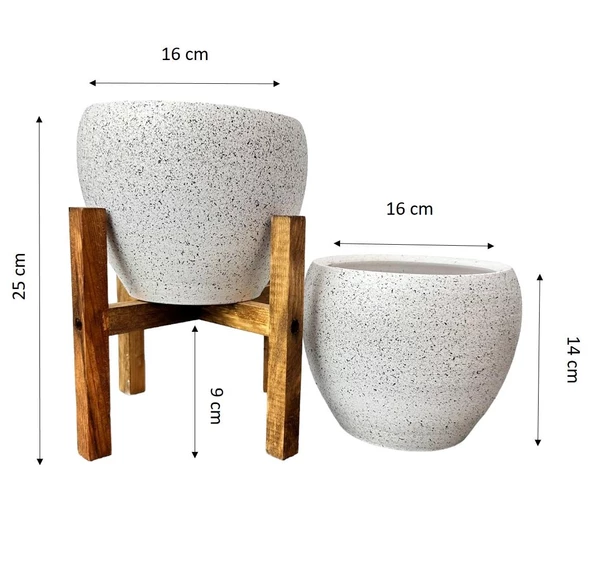 Bitki Tasarımı Beyaz Granit Toprak Saksı Saksılık Salon Çiçeklik İkili Set Ayaksız - 4 Ayaklı- 15 CM - 2