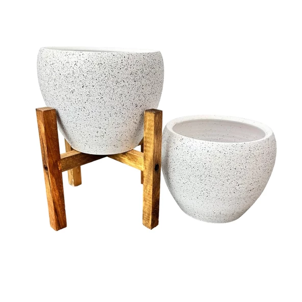 Bitki Tasarımı Beyaz Granit Toprak Saksı Saksılık Salon Çiçeklik İkili Set Ayaksız - 4 Ayaklı- 15 CM - 4