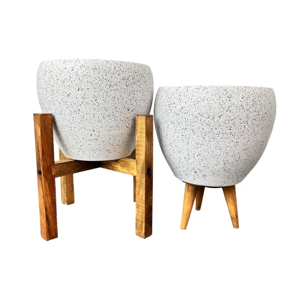 Bitki Tasarımı Beyaz Granit Toprak Saksı Saksılık Salon Çiçeklik İkili Set 3 Ayaklı- 4 Ayaklı- 15 CM