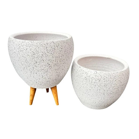 Bitki Tasarımı Beyaz Granit Toprak Saksı Saksılık Salon Çiçeklik İkili Set Ayaksız - 3 Ayaklı- 15 CM - 3