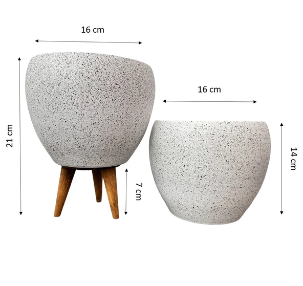 Bitki Tasarımı Beyaz Granit Toprak Saksı Saksılık Salon Çiçeklik İkili Set Ayaksız - 3 Ayaklı- 15 CM - 2