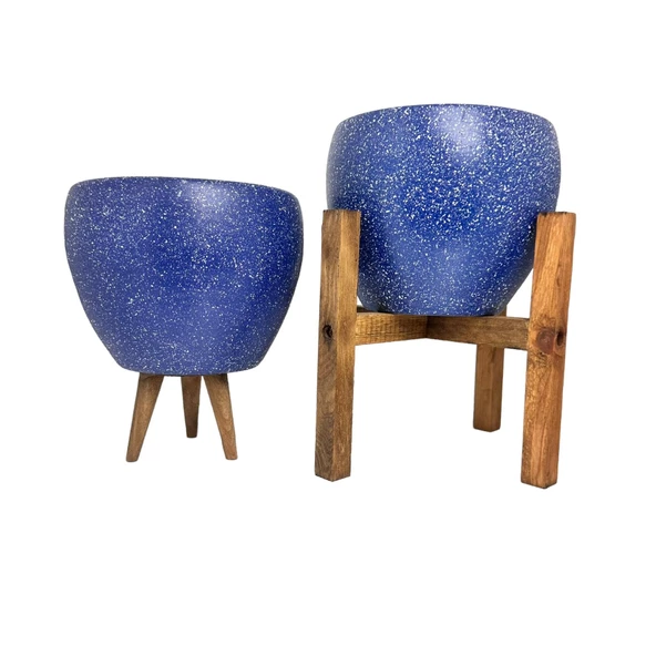 Bitki Tasarımı Lacivert Granit Toprak Saksı Saksılık Salon Çiçeklik İkili Set 3 Ayaklı- 4 Ayaklı- 15 CM - Resim 2