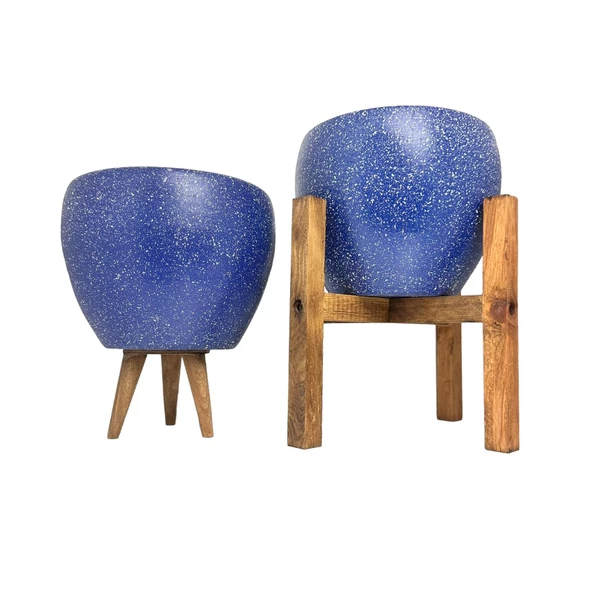 Bitki Tasarımı Lacivert Granit Toprak Saksı Saksılık Salon Çiçeklik İkili Set 3 Ayaklı- 4 Ayaklı- 15 CM