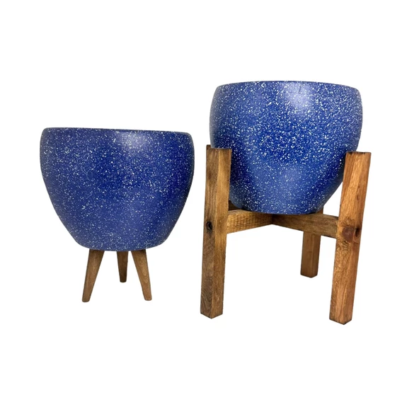 Bitki Tasarımı Lacivert Granit Toprak Saksı Saksılık Salon Çiçeklik İkili Set 3 Ayaklı- 4 Ayaklı- 15 CM - Resim 4