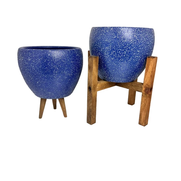 Bitki Tasarımı Lacivert Granit Toprak Saksı Saksılık Salon Çiçeklik İkili Set 3 Ayaklı- 4 Ayaklı- 15 CM - Resim 5