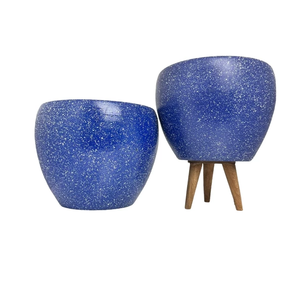 Bitki Tasarımı Lacivert Granit Toprak Saksı Saksılık Salon Çiçeklik İkili Set Ayaksız - 3 Ayaklı- 15 CM - 2