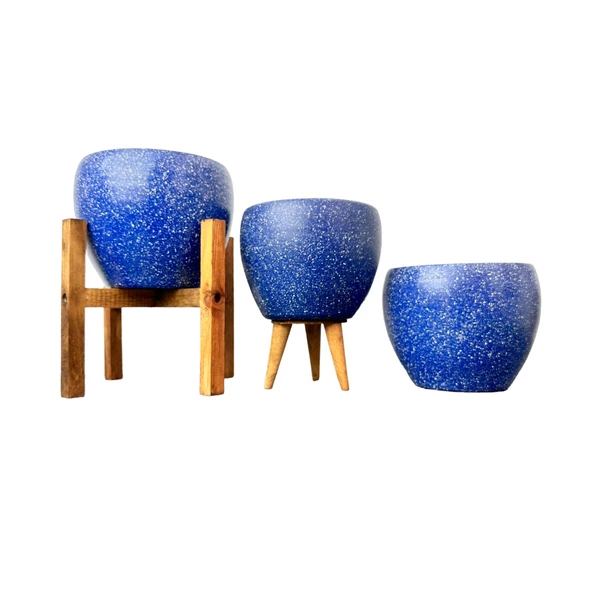 Bitki Tasarımı Lacivert Granit Toprak Saksı Saksılık Salon Çiçeklik Üçlü Set - 15 CM
