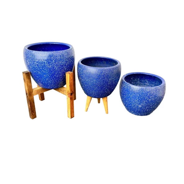 Bitki Tasarımı Lacivert Granit Toprak Saksı Saksılık Salon Çiçeklik Üçlü Set - 15 CM - Resim 3