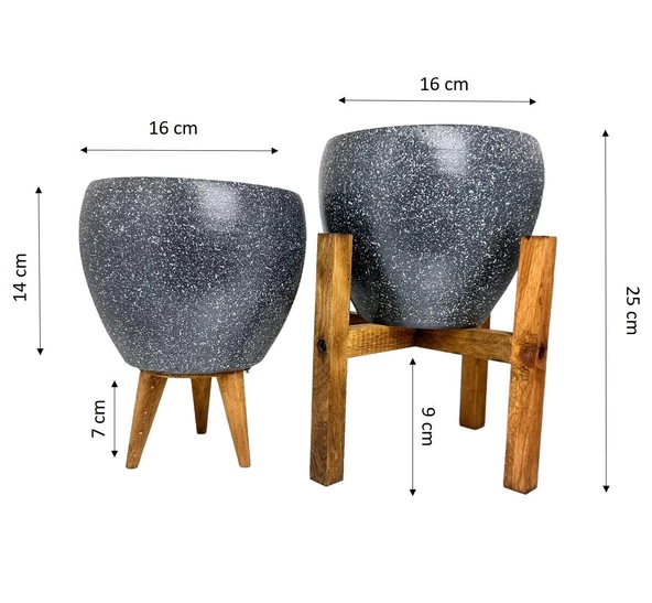 Bitki Tasarımı Gri Granit Toprak Saksı Saksılık Salon Çiçeklik İkili Set 3 Ayaklı- 4 Ayaklı- 15 CM - 3