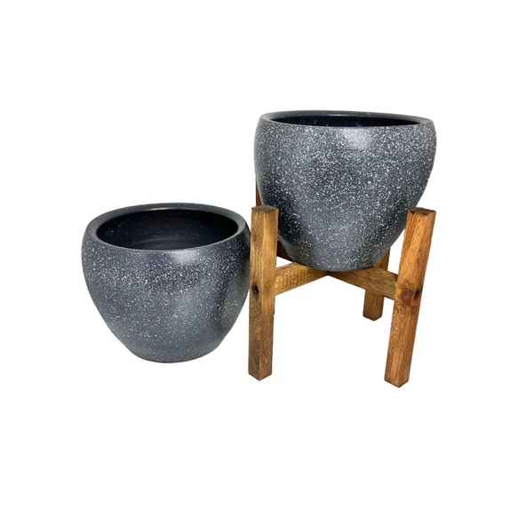 Bitki Tasarımı Gri Granit Toprak Saksı Saksılık Salon Çiçeklik İkili Set Ayaksız - 4 Ayaklı- 15 CM - 6