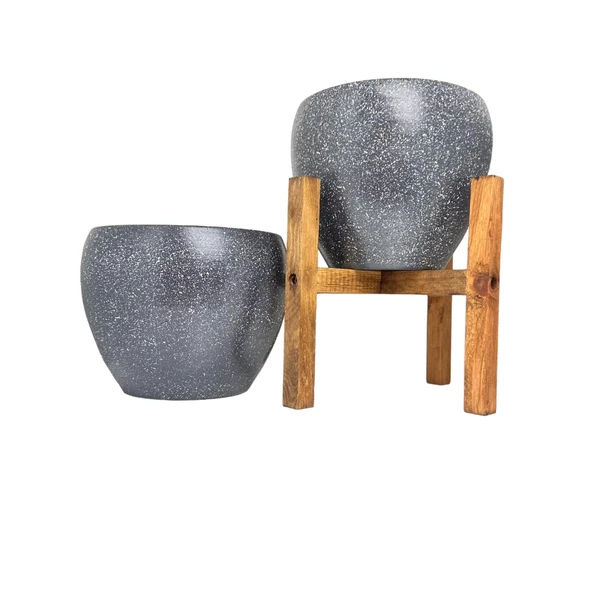Bitki Tasarımı Gri Granit Toprak Saksı Saksılık Salon Çiçeklik İkili Set Ayaksız - 4 Ayaklı- 15 CM