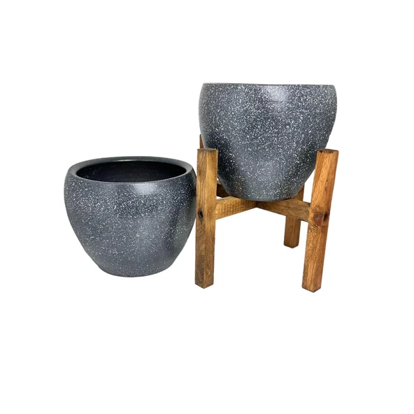 Bitki Tasarımı Gri Granit Toprak Saksı Saksılık Salon Çiçeklik İkili Set Ayaksız - 4 Ayaklı- 15 CM - 5