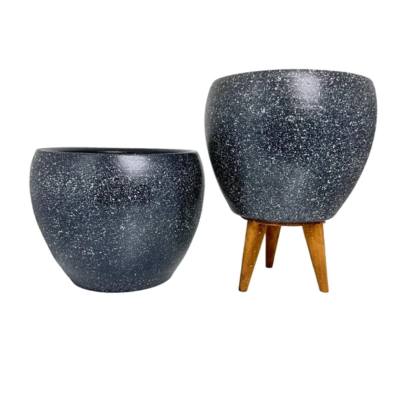 Bitki Tasarımı Gri Granit Toprak Saksı Saksılık Salon Çiçeklik İkili Set Ayaksız - 3 Ayaklı- 15 CM - Resim 8