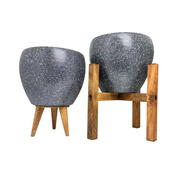 Bitki Tasarımı Gri Granit Toprak Saksı Saksılık Salon Çiçeklik İkili Set 3 Ayaklı- 4 Ayaklı- 15 CM