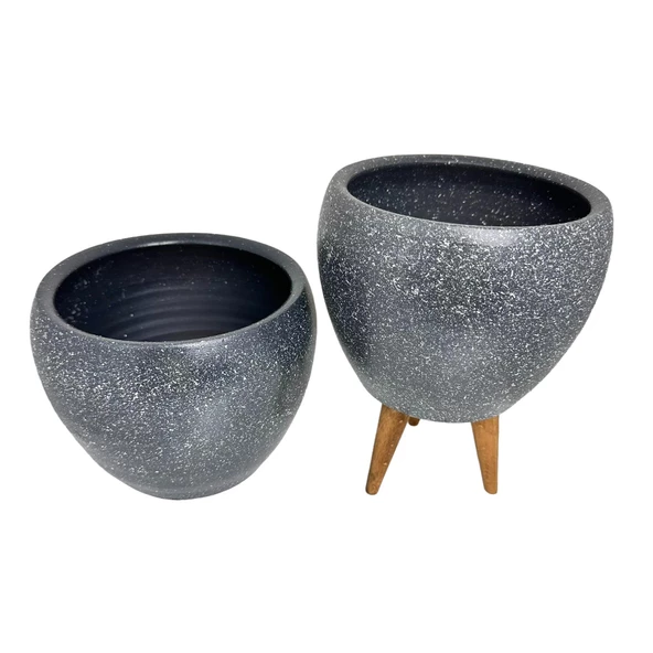 Bitki Tasarımı Gri Granit Toprak Saksı Saksılık Salon Çiçeklik İkili Set Ayaksız - 3 Ayaklı- 15 CM - Resim 7