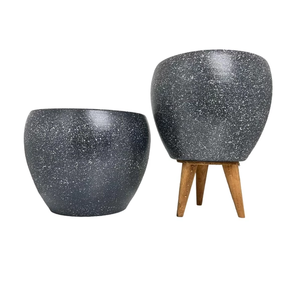 Bitki Tasarımı Gri Granit Toprak Saksı Saksılık Salon Çiçeklik İkili Set Ayaksız - 3 Ayaklı- 15 CM