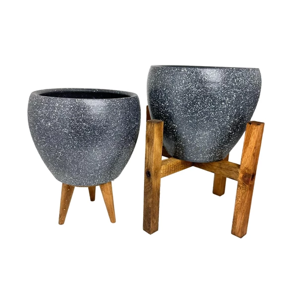 Bitki Tasarımı Gri Granit Toprak Saksı Saksılık Salon Çiçeklik İkili Set 3 Ayaklı- 4 Ayaklı- 15 CM - 4