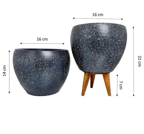 Bitki Tasarımı Gri Granit Toprak Saksı Saksılık Salon Çiçeklik İkili Set Ayaksız - 3 Ayaklı- 15 CM - Resim 2